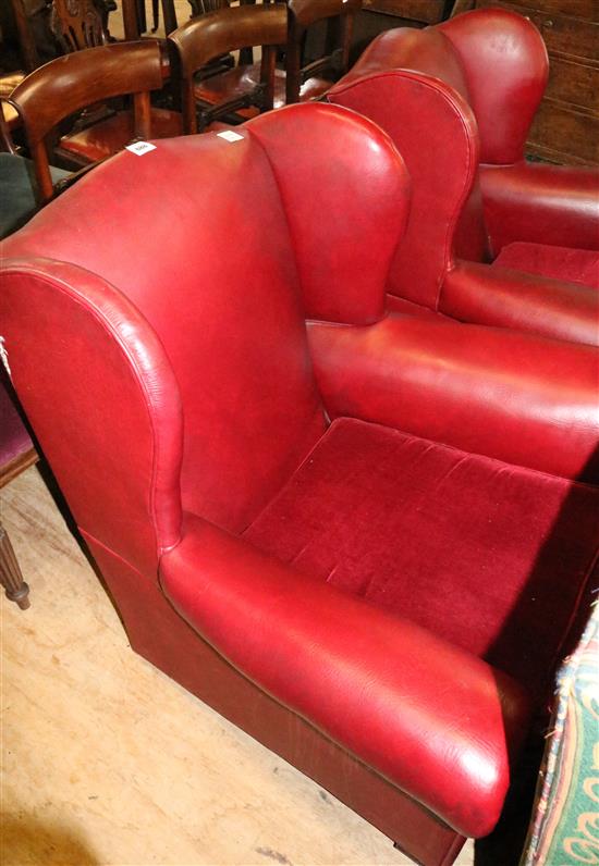 Pair red leather club wing armchairs(-)